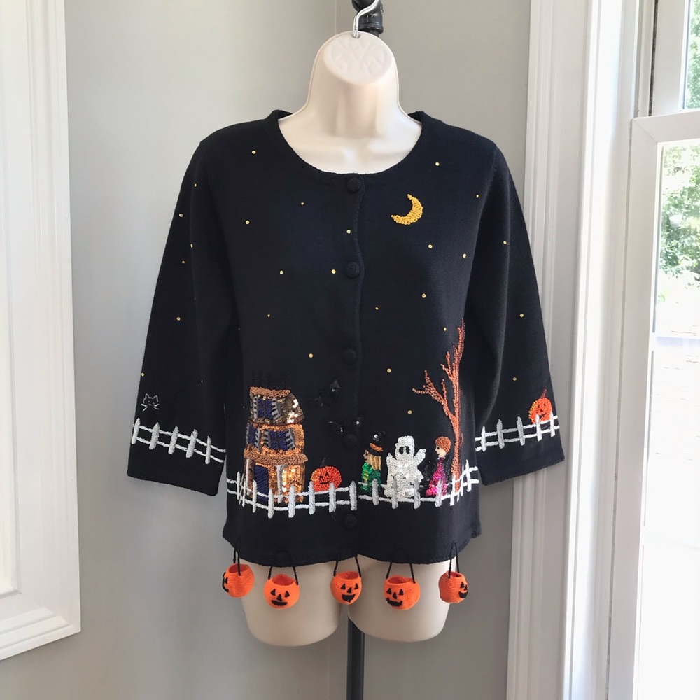 Michael Simon Halloween Haunted House Hanging Pumpkins Cardigan ~ Women’s Small